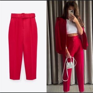 Zara Vibrant Red Women's Belted Trousers